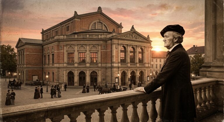 Historische Szene mit Richard Wagner im Profil mit Barett auf einer Balustrade stehend, mit Blick auf das Festspielhaus Bayreuth bei Sonnenuntergang, davor Kutschen und Passanten.